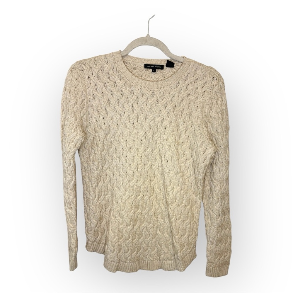 Jeanne Pierre Beige Cable Knit Sweater Preppy Classic Crewneck Pullover Large